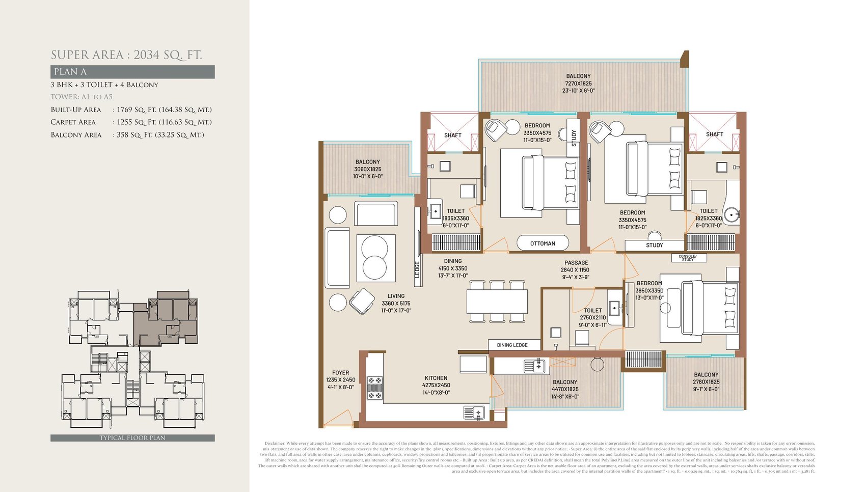 Ivory County — 3 BHK + 3T + 4 Balcony — 2,034 sq.ft. floor plan